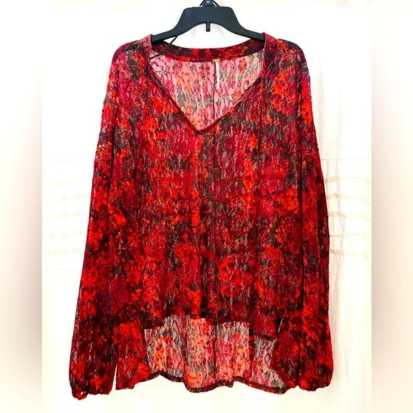 FREE PEOPLE Medium Out For The Night vibrant ruby red lace top NWOT - Picture 3 of 5